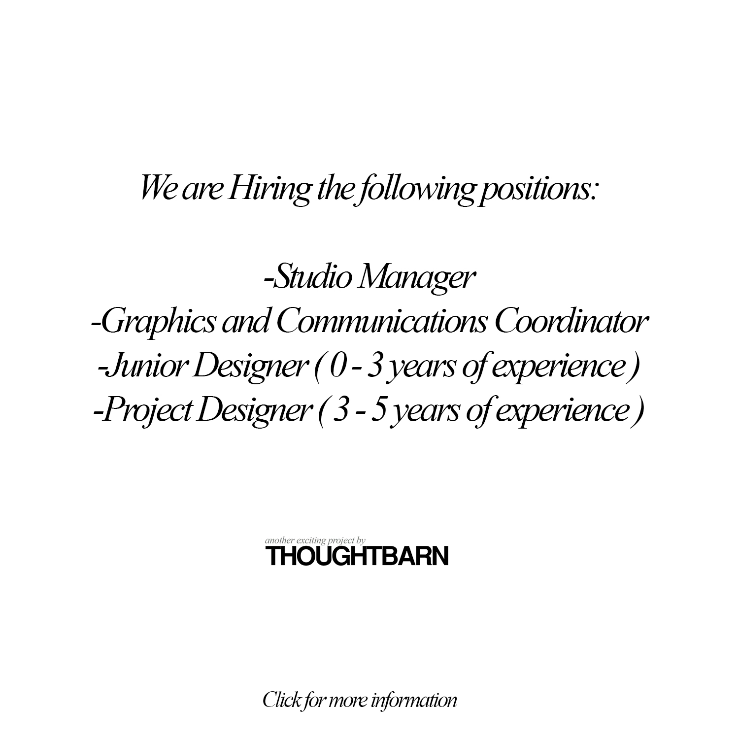 JOBS SPRING 2021 / Studio Manager / Graphics / Comm. Coordinator / Junior Designer / Project Designer